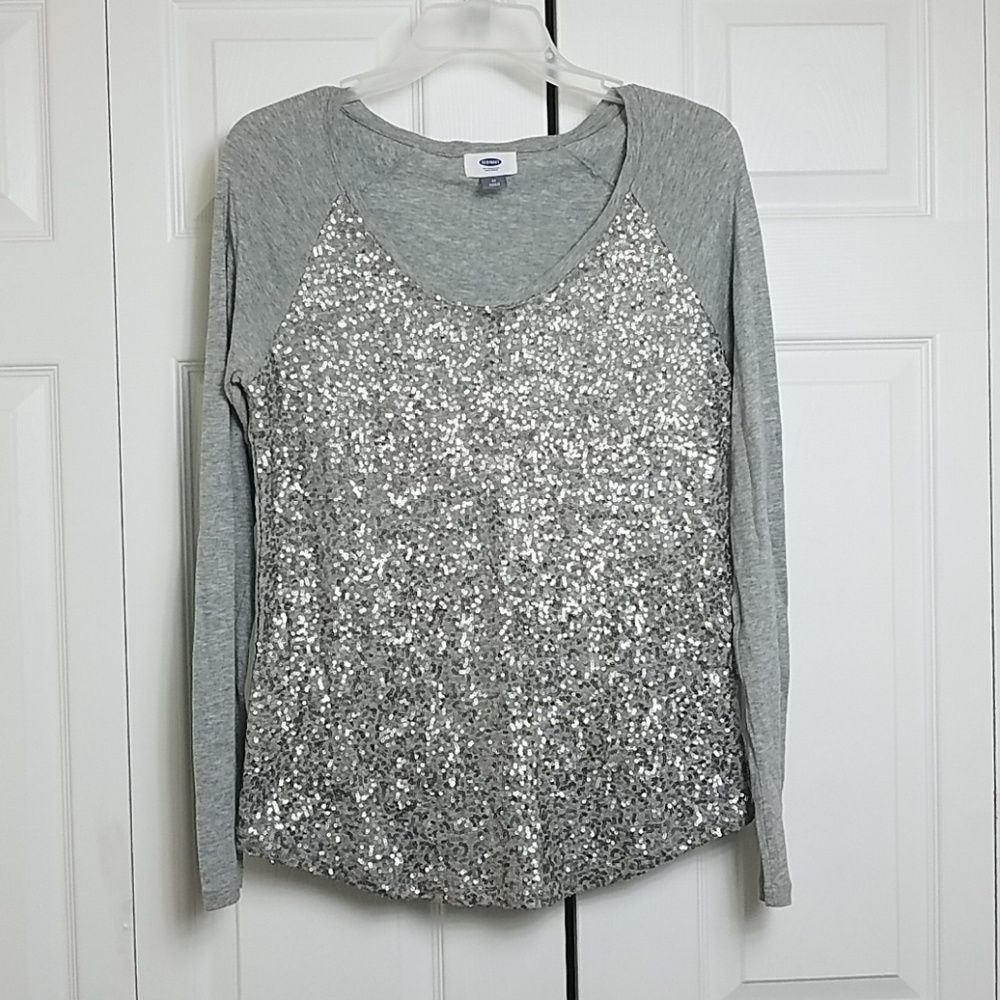 Grey Sequin Long Sleeve Old Nacy Top